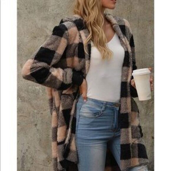 NEW Khaki Plaid Hooded Cardigan Sherpa Coat - Picture 1 of 8
